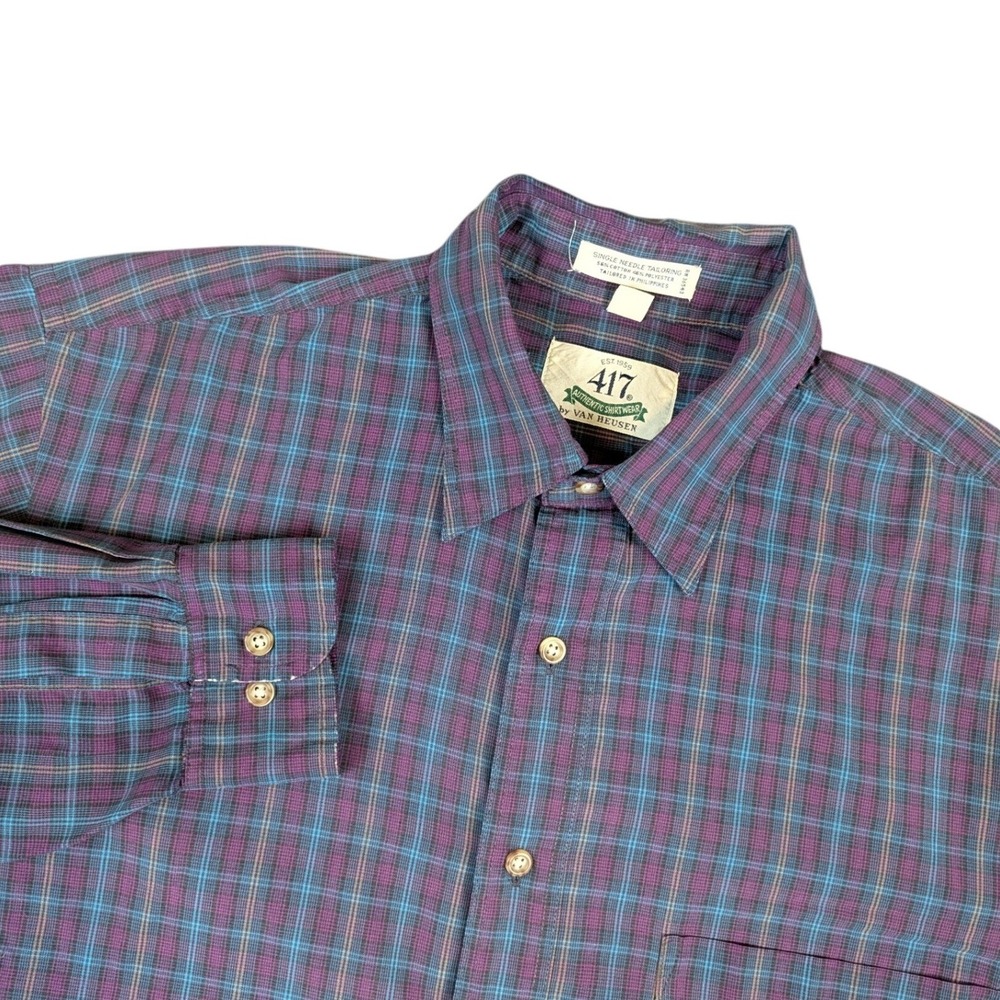 417 by Van Heusen Mens MT Tall Long Sleeve Plaid Button Down Shirt Purple Blue